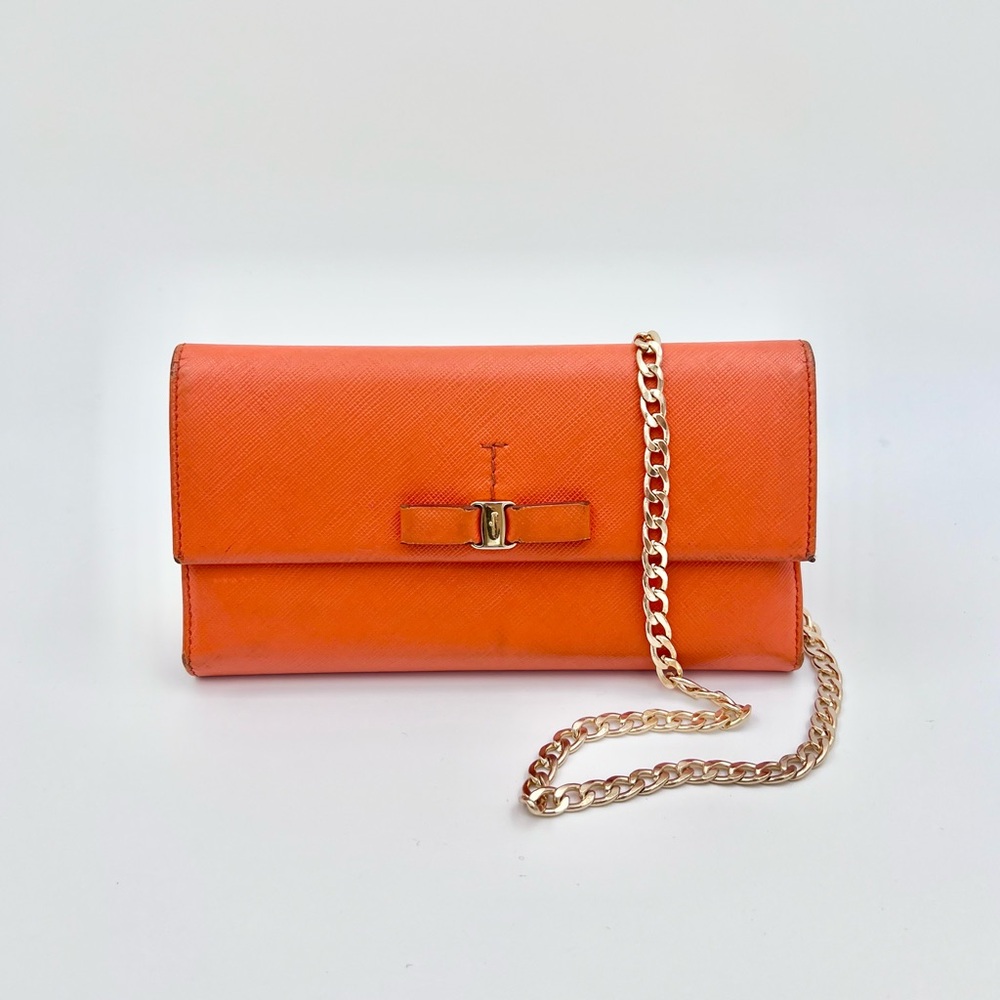 Salvatore Ferragamo Vara Bow Orange Leather Trifold Long Wallet